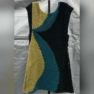 NWT Vertigo Paris Crochet Color Block Knit Mini Dress in Teal Olive Navy Sz L